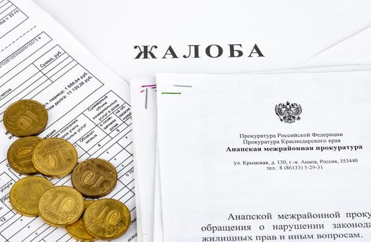 Anapa, Russia - September 4, 2019: The concept of handling a complaint about improper charging of housing and communal services to the prosecutor's office, the complaint - response letters