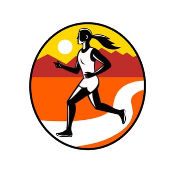 Retro style illustration of a female marathon runner running in stride viewed from side with road or river and mountains set inside oval on isolated background.