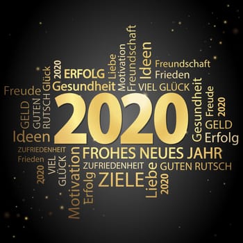 word cloud with new year 2020 greetings colored gold and black background