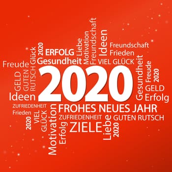 word cloud with new year 2020 greetings and red background
