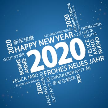 word cloud with new year 2020 greetings and blue background
