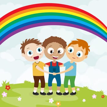 EPS10 vector file showing happy young boys with different skin colors, laughing, hug each other and having fun together with summer background and rainbow