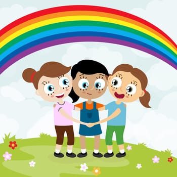 EPS10 vector file showing happy young girls with different skin colors, laughing, hug each other and having fun together with summer background