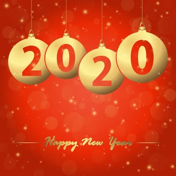 red background with golden christmas bubbles and text 2020 for the new year
