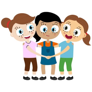 EPS10 vector file showing happy young girls with different skin colors, laughing, hug each other and having fun together