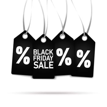 EPS 10 vector file illustration with hang tags with text BLACK FRIDAY SALE and percentage sign on white background
