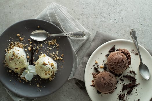 Homemade Organic chocolate and vanilla Ice Cream in a plate close up
