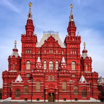 The State Historical Museum of Russia on Red Square in Moscow at early hours, sunrise