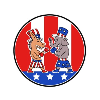 Doodle art illustration of American Democratic donkey and Republican elephant fighting boxing set in circle with USA starts and stripes flag on white  done in cartoon style.