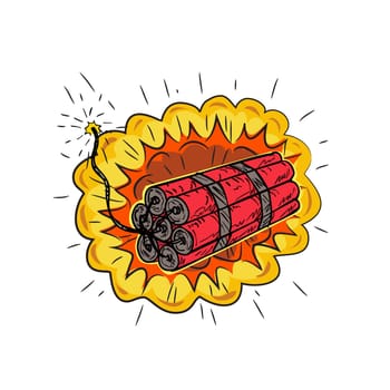 Drawing sketch style illustration of sticks of explosive TNT dynamite stick with lit or burning fuse and exploding on isolated white background.