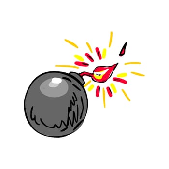 Drawing sketch style illustration of a black ball bomb with burning fuse being thrown and about to explode on isolated white background.