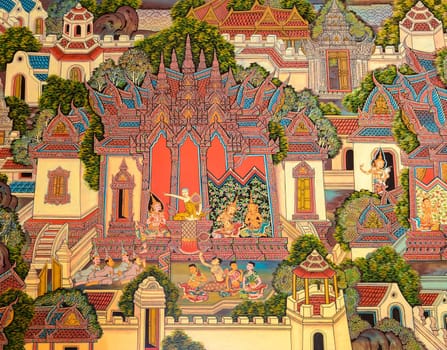 NONTHABURI, THAILAND - JULY 25, 2015 : Ancient Buddhist temple mural painting of the life of Buddha inside of Wat Bot Bon in Nonthaburi, Thailand