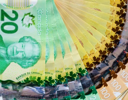 Canadian banknotes background of twenty and hundred dollar bills for business and financial concept