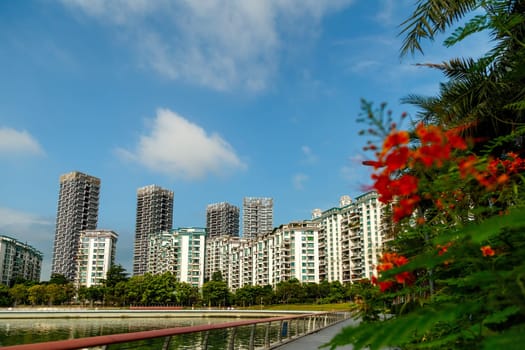 View of the residential area from the municipal houses in a picturesque place, Shenzhen, China, Asia