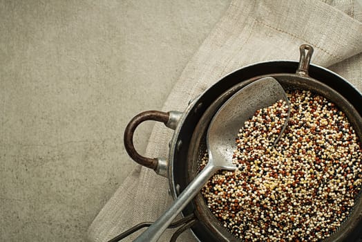 Three-color quinoa seeds. Superfood and healthy gluten free eating concept.