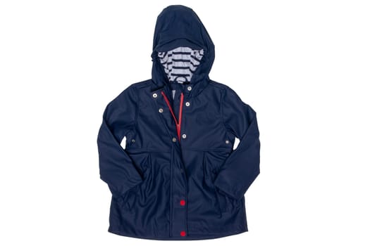 Rain jacket. Close-up of elegant waterproof marine blue zipper windbreaker jacket and hood for girls isolated on a white background. Kids fashion for rain season.