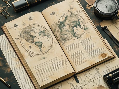 An aged geographical journal features maps of the world with annotations, demonstrating historical cartography and exploration. Tools of navigation surround the journal.