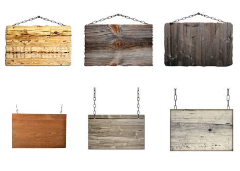 Set of hanging wooden signs on metal chains background