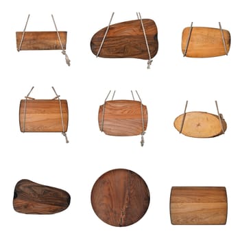 Set of hanging wooden signs on metal chains background