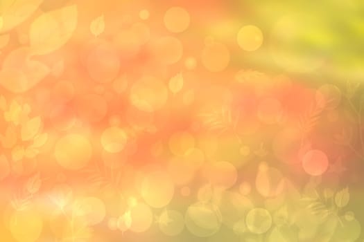 Abstract autumn gradient gold yellow pink green bright background texture with leaves and bokeh circles. Indian summer. Card design with space. Beautiful backdrop.