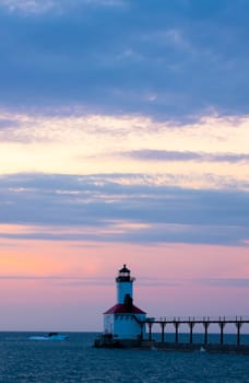 The Michigan City Breakwater Lighthouse, in the State of Indiana USA, as seen at Sunset