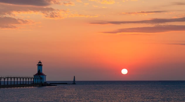 The Michigan City Breakwater Lighthouse, in the State of Indiana USA, as seen at Sunset