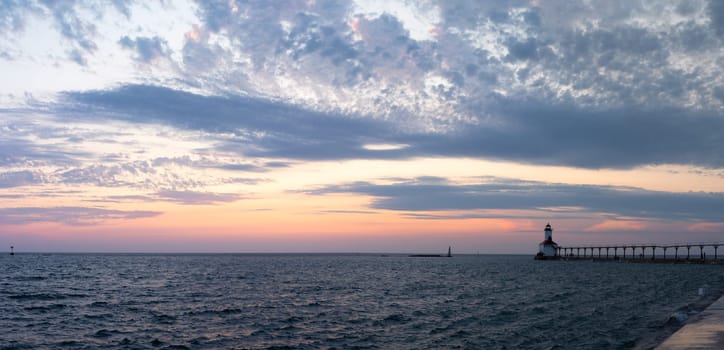 The Michigan City Breakwater Lighthouse, in the State of Indiana USA, as seen at Sunset