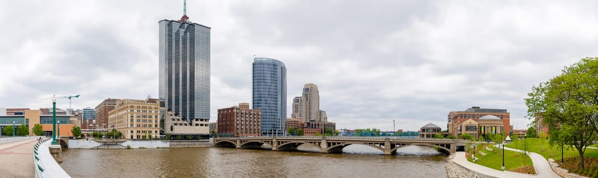 Grand Rapids city skyline, in the state of Michigan, United States, as seen across the Grand River