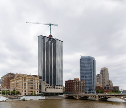 Grand Rapids city skyline, in the state of Michigan, United States, as seen across the Grand River