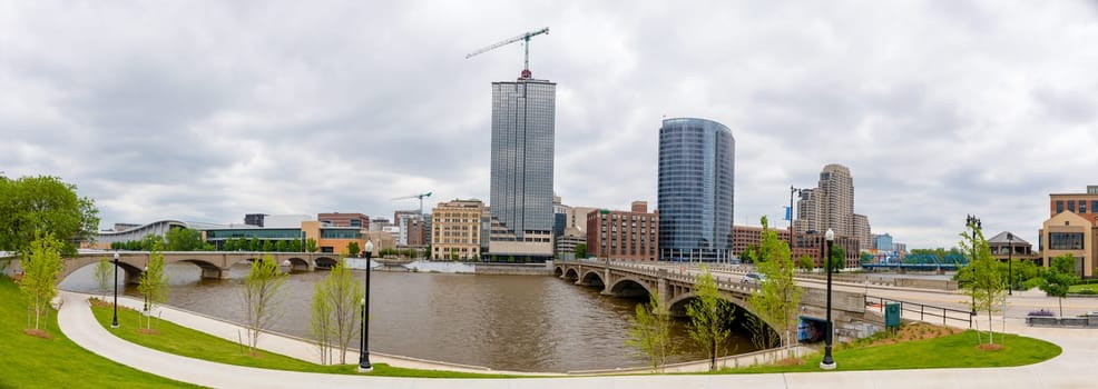 Grand Rapids city skyline, in the state of Michigan, United States, as seen across the Grand River