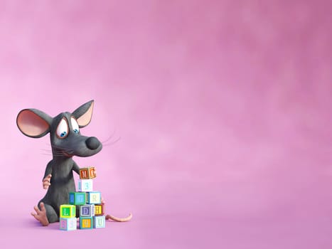 3D rendering of a cute smiling cartoon mouse sitting on the floor and playing and building a tower with toy blocks. Pink background with copyspace.
