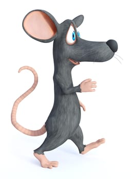 3D rendering of cute smiling cartoon mouse walking or marching. White background.