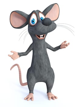 3D rendering of a cute smiling cartoon mouse standing with his arms outstretched in a welcoming pose like he is greeting you. White background.