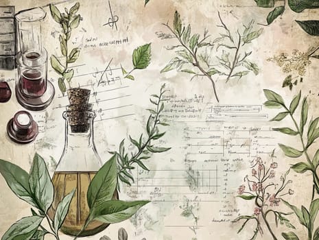An intricate design features vintage botanical illustrations of various herbs alongside handwritten scientific notes and glassware.