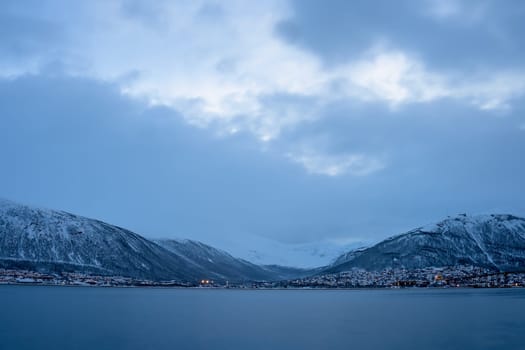 Panoramic view of the Tromsoysundet strait in Tromso, Northern Norway