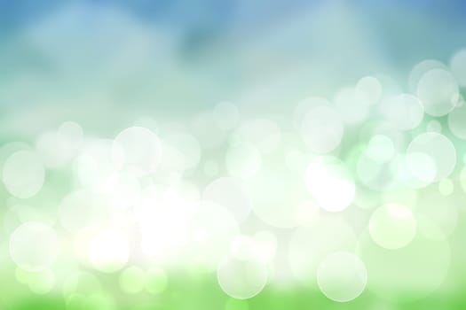 Abstract bright spring or summer landscape texture with natural light green bokeh lights and blue bright sunny sky with clouds. Autumn or summer background with copy space.