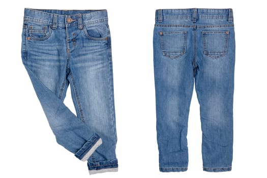 Jeans isolated. Trendy stylish blue denim pant or trousers for child boy with cozy warm lined. Isolated on a white background. Thermojeans autumn and winter fashion. Front and back view.