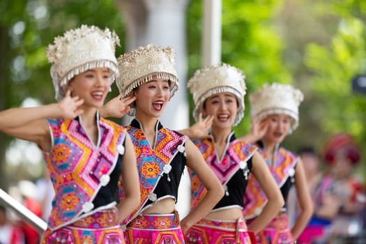 Columbus, Ohio, USA - May 26, 2019: Columbus Asian Festival, Franklin Park, Chinese Dancers wearing traditional clothing performing traditional dances.