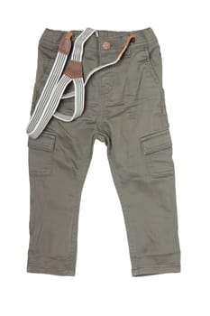 Jeans isolated. Trendy stylish khaki denim pant or trousers for child boy with striped suspenders isolated on a white background. Jeans summer and autumn fashion.