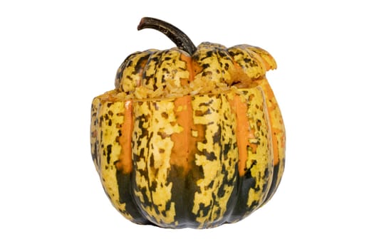Roasted pumpkin. Close-up of baked whole pumpkin stuffed with roasted rice pot made from rice, onions, carrots, garlic, pumpkin and beef isolated on a white background.