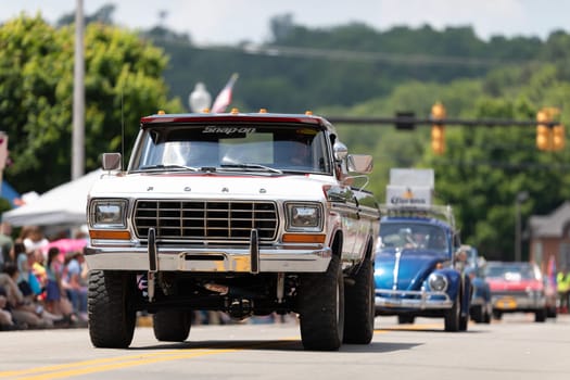 Buckhannon, West Virginia, USA - May 18, 2019: Strawberry Festival, Old Classic Truck, Ford Pcikup , being driven along Main Street during the parade