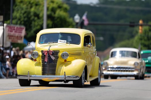 Buckhannon, West Virginia, USA - May 18, 2019: Strawberry Festival, Chevrolet Hot Rod, classic car, going down main street during the parade