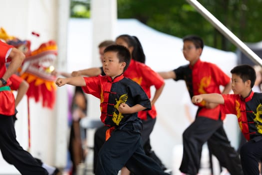 Columbus, Ohio, USA - May 26, 2019: Columbus Asian Festival, Franklin Park, Boy and Girls wearing traditional chinese clothing practicing Kung Fu