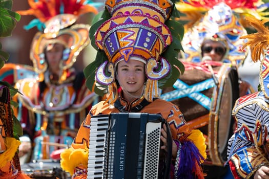 Buckhannon, West Virginia, USA - May 18, 2019: Strawberry Festival, Men Wearing traditional  clothing, playing music down Main Street during the parade