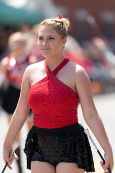 Buckhannon, West Virginia, USA - May 18, 2019: Strawberry Festival, Members of the Upshur County Baton Corp, dancing at the parade