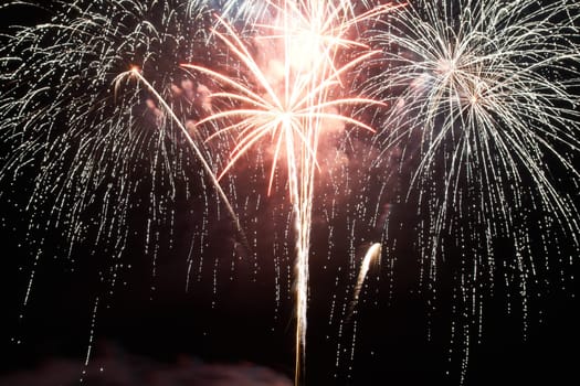 Red colorful fireworks on the black sky background