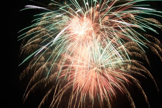Red colorful fireworks on the black sky background