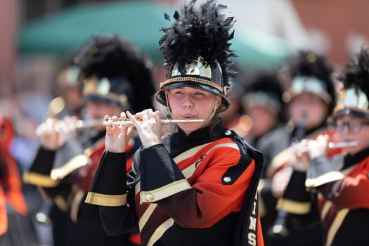 Buckhannon, West Virginia, USA - May 18, 2019: Strawberry Festival, The Elkins High School Marching Band performing at the parade