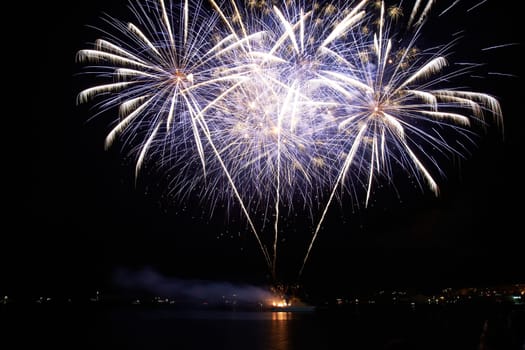 Colorful holiday fireworks on the black sky background.