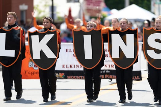 Buckhannon, West Virginia, USA - May 18, 2019: Strawberry Festival, The Elkins High School Marching Band performing at the parade
